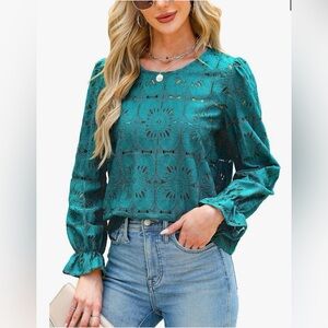 NWT CUPSHE Women's Eyelet Lace Long Sleeve Blouse Teal Lake Blue XL